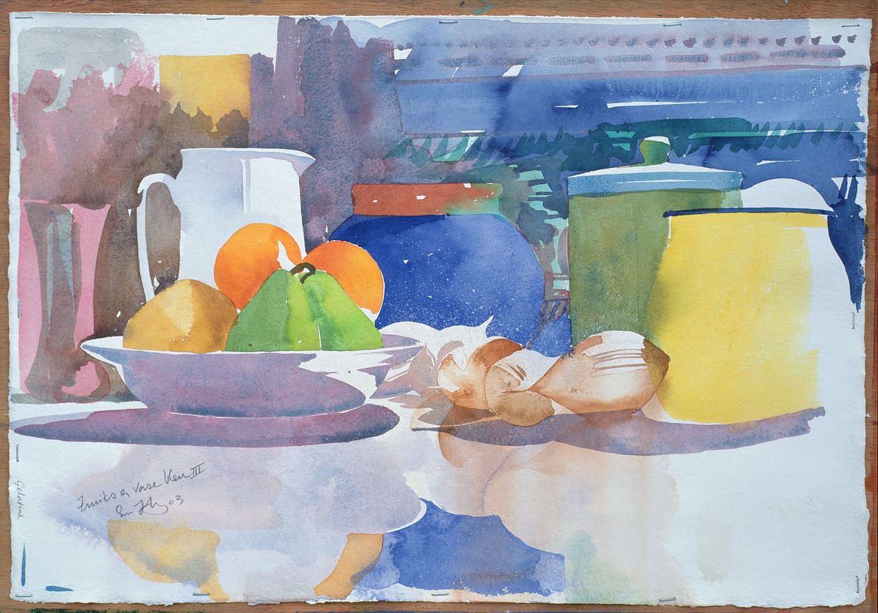 Fruits et Vase Bleu II，2003 年（纸面水彩画） 作者 西蒙·弗莱彻