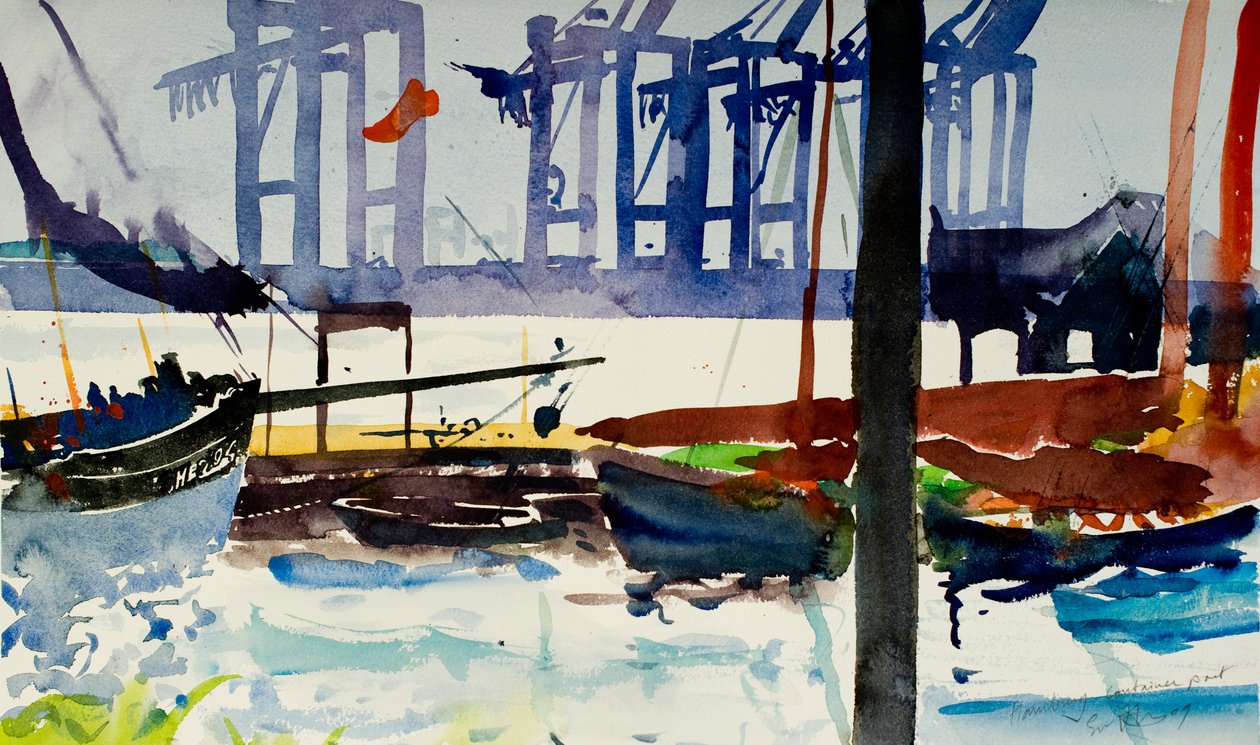 汉堡，集装箱港口，2009 年（水彩画） 作者 西蒙·弗莱彻