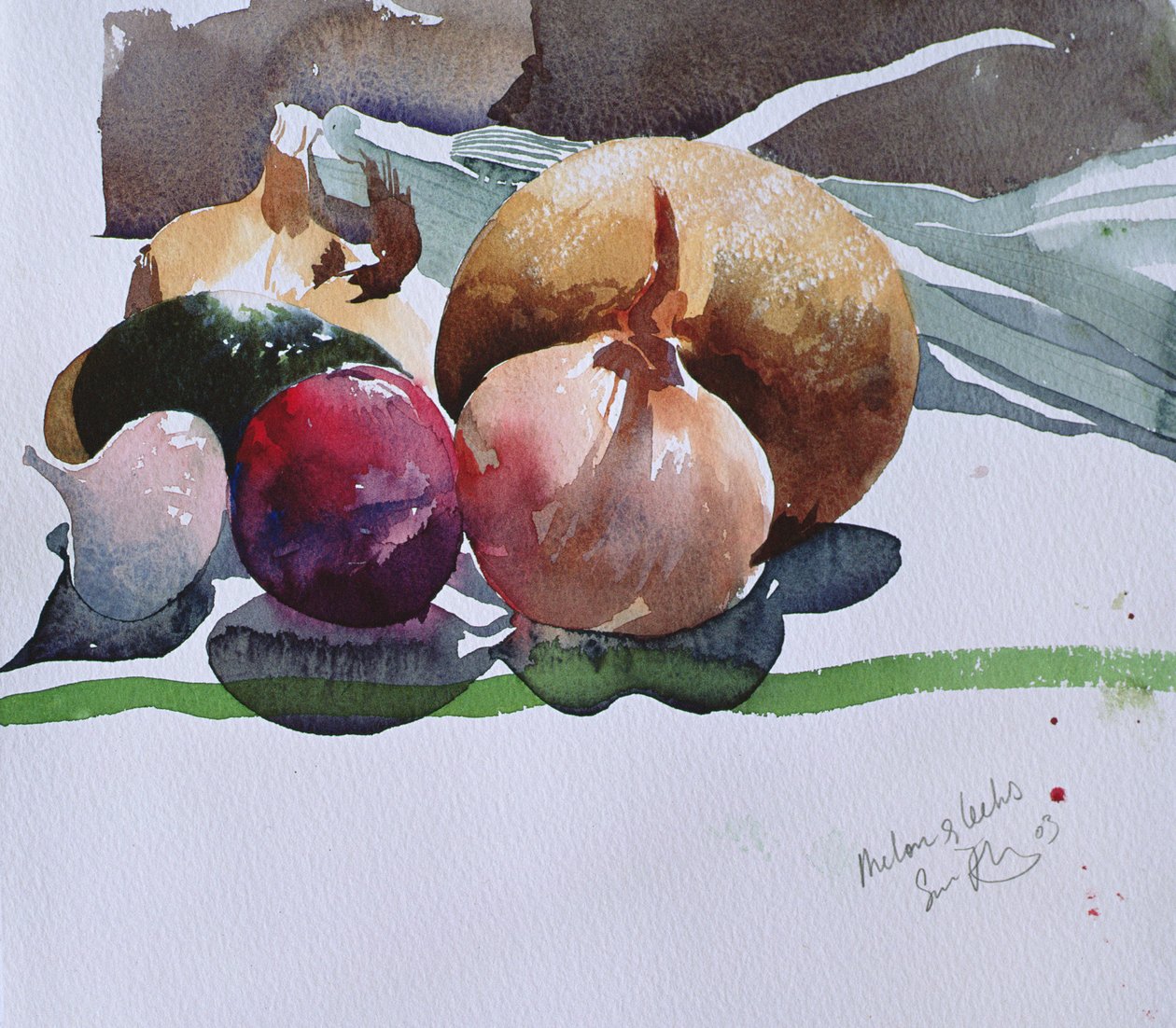 甜瓜和韭菜，2003 年（水彩画） 作者 西蒙·弗莱彻