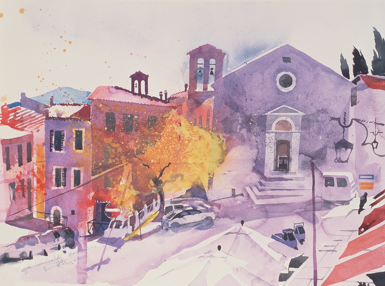 加里波第广场，蒙塔尔奇诺，2002 年（纸面水彩画） 作者 西蒙·弗莱彻