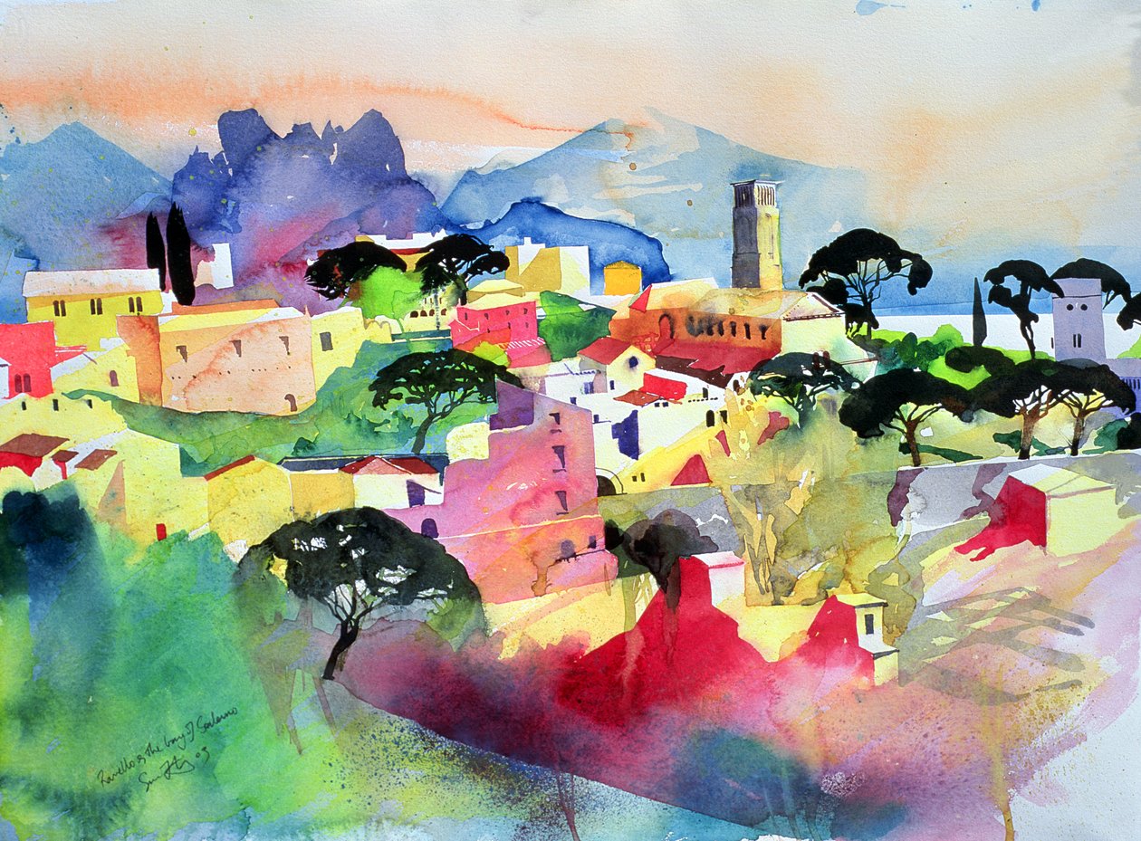 拉韦洛和萨莱诺湾，2003 年（纸面水彩画） 作者 西蒙·弗莱彻