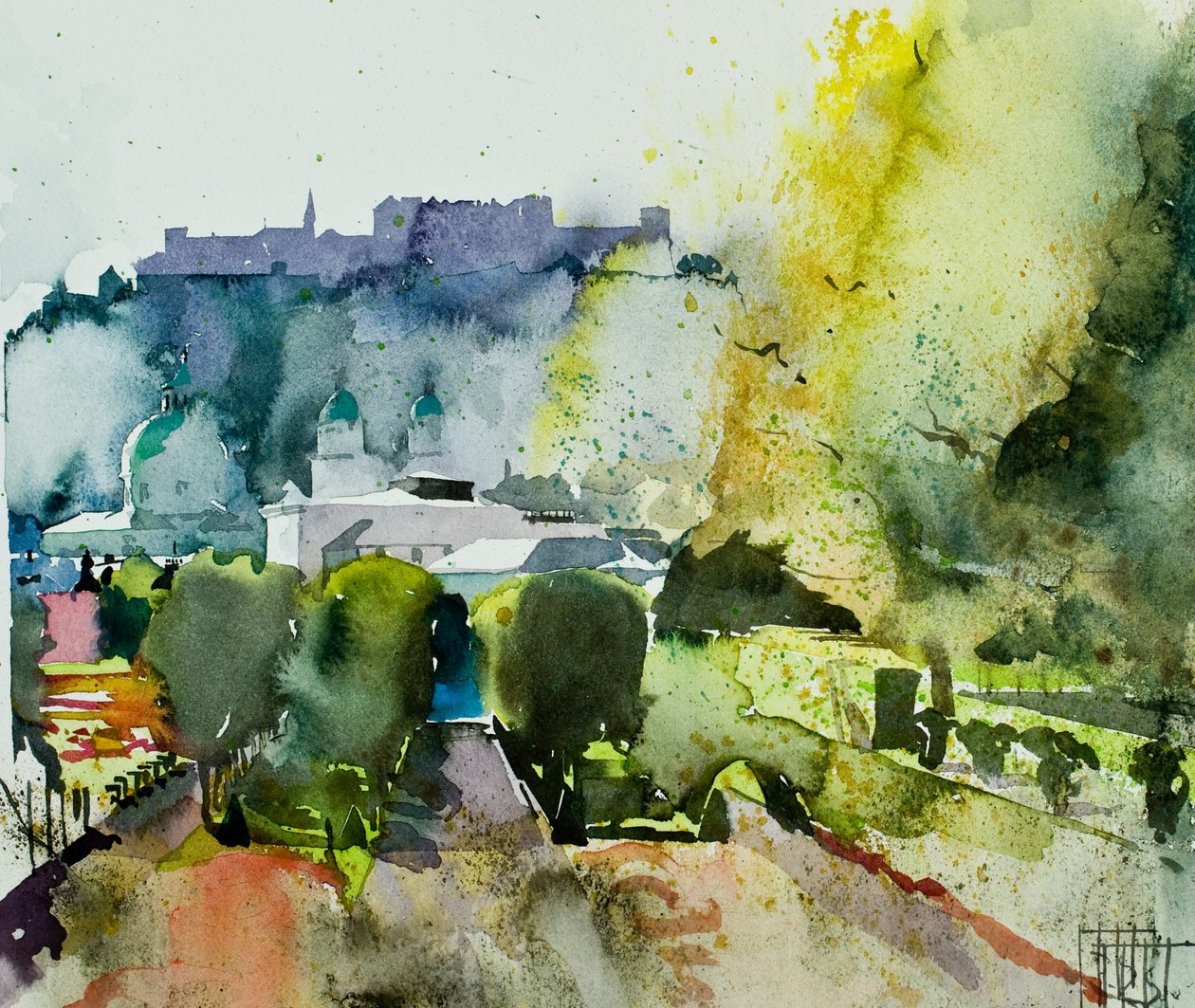 从米拉贝尔花园看萨尔茨堡，2008 年（水彩画） 作者 西蒙·弗莱彻
