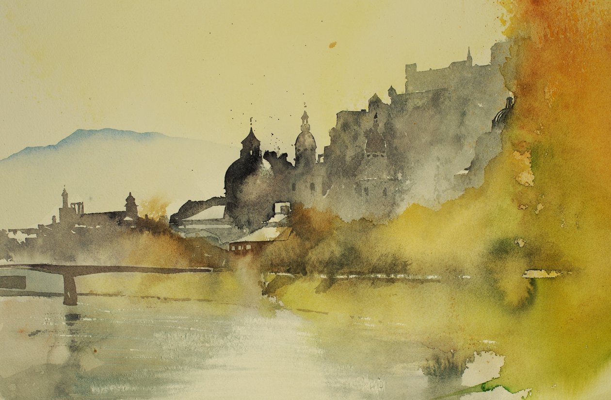 萨尔茨堡河，2005 年（水彩画） 作者 西蒙·弗莱彻