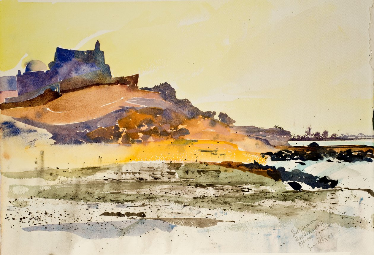 Sidi Jemour，岩石和海岸，杰尔巴，突尼斯，2000 年（水彩画） 作者 西蒙·弗莱彻