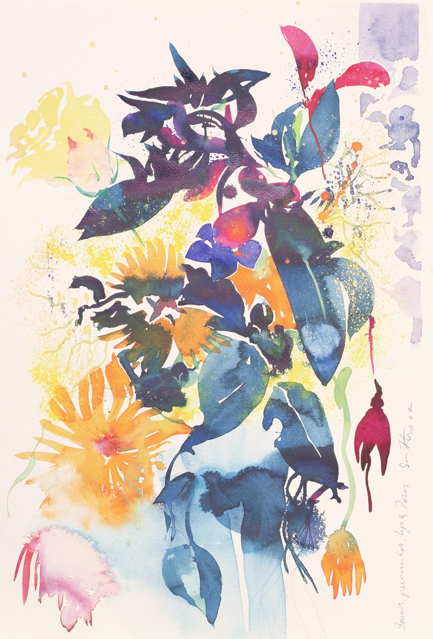金盏花、长春花、百合、玫瑰，2002 年（水彩画） 作者 西蒙·弗莱彻