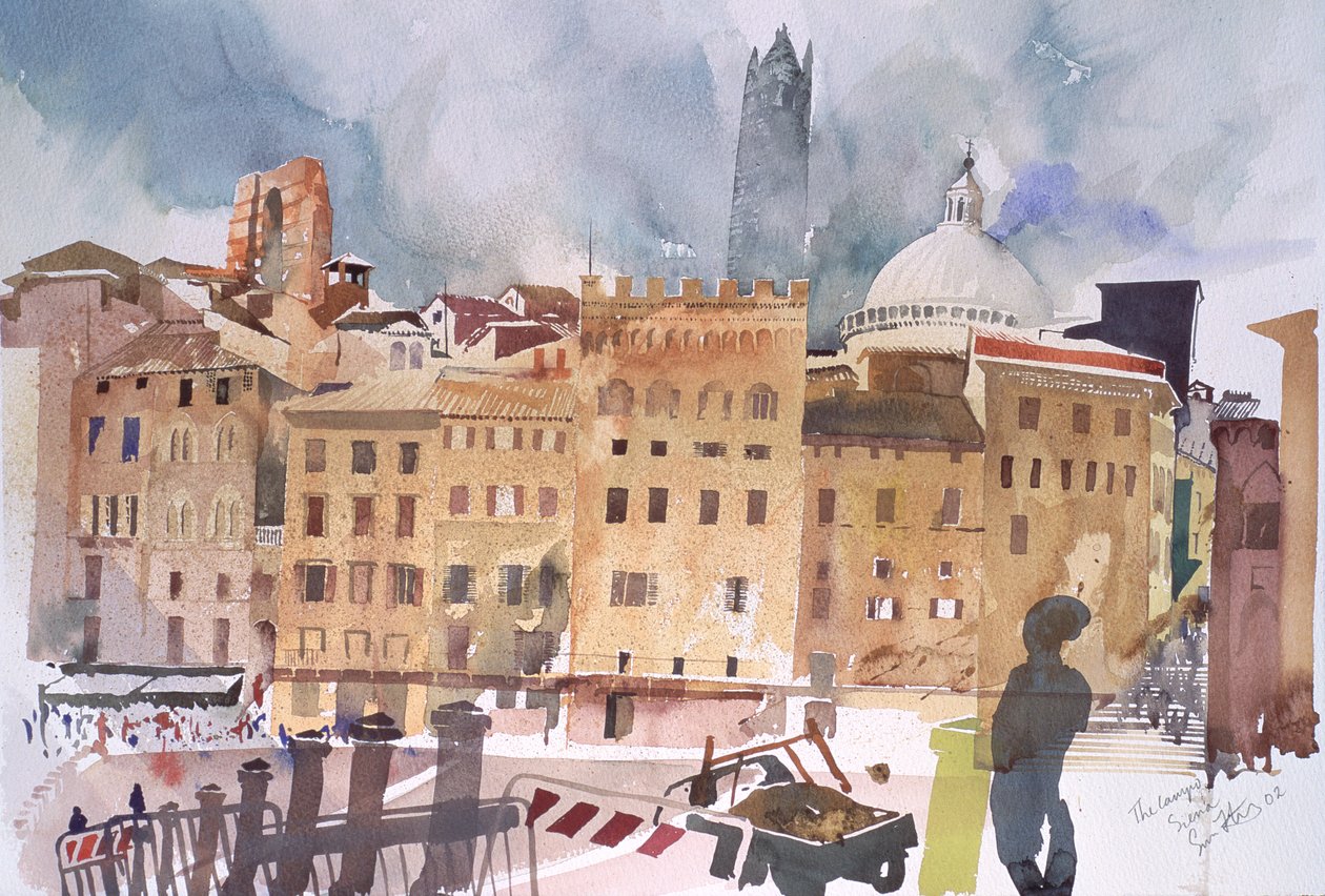 锡耶纳坎波，2002 年（纸面水彩画） 作者 西蒙·弗莱彻