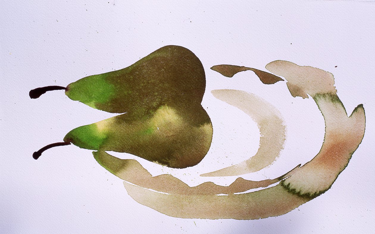 盘子里的两个梨，2010 年（水彩画） 作者 西蒙·弗莱彻