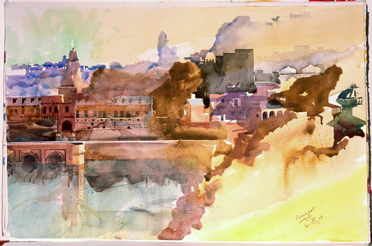 毗湿奴的脚，乔德普尔，2007 年（纸面水彩画） 作者 西蒙·弗莱彻
