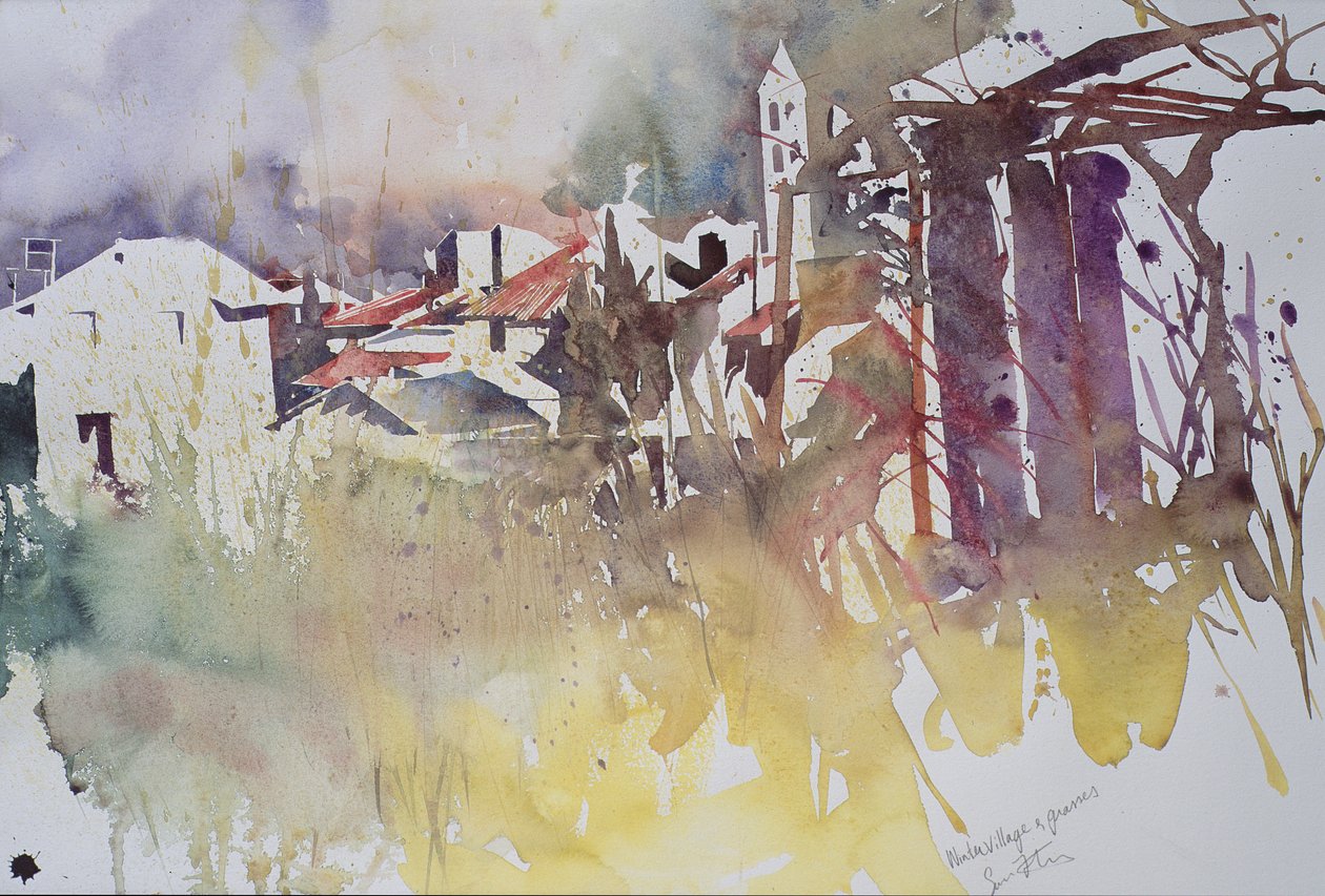 冬季村庄和草地，法国，2008 年（水彩画） 作者 西蒙·弗莱彻