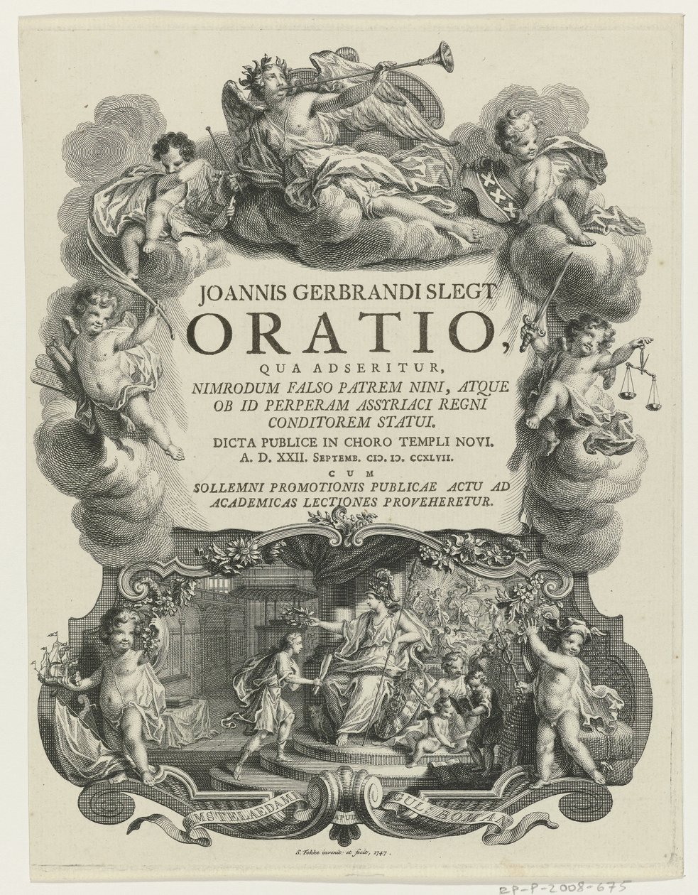 密涅瓦用公牛赞美年轻人
扉页：J.G. Slegt，《Oratio，qua adseritur，Nimrodum falso patrem Nini》（......），1747 年 作者 西蒙·福克