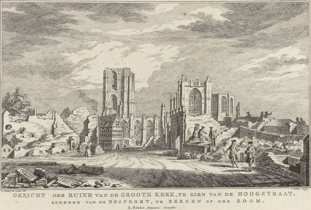 卑尔根大教堂遗址，1748 年
从霍格大街（Hoogstraat）看到的大教堂废墟，来自卑尔根op den Zoom 的 Bospoort（标题在实物上
Bergen op Z 被围困和摧毁后的废墟十景 作者 西蒙·福克