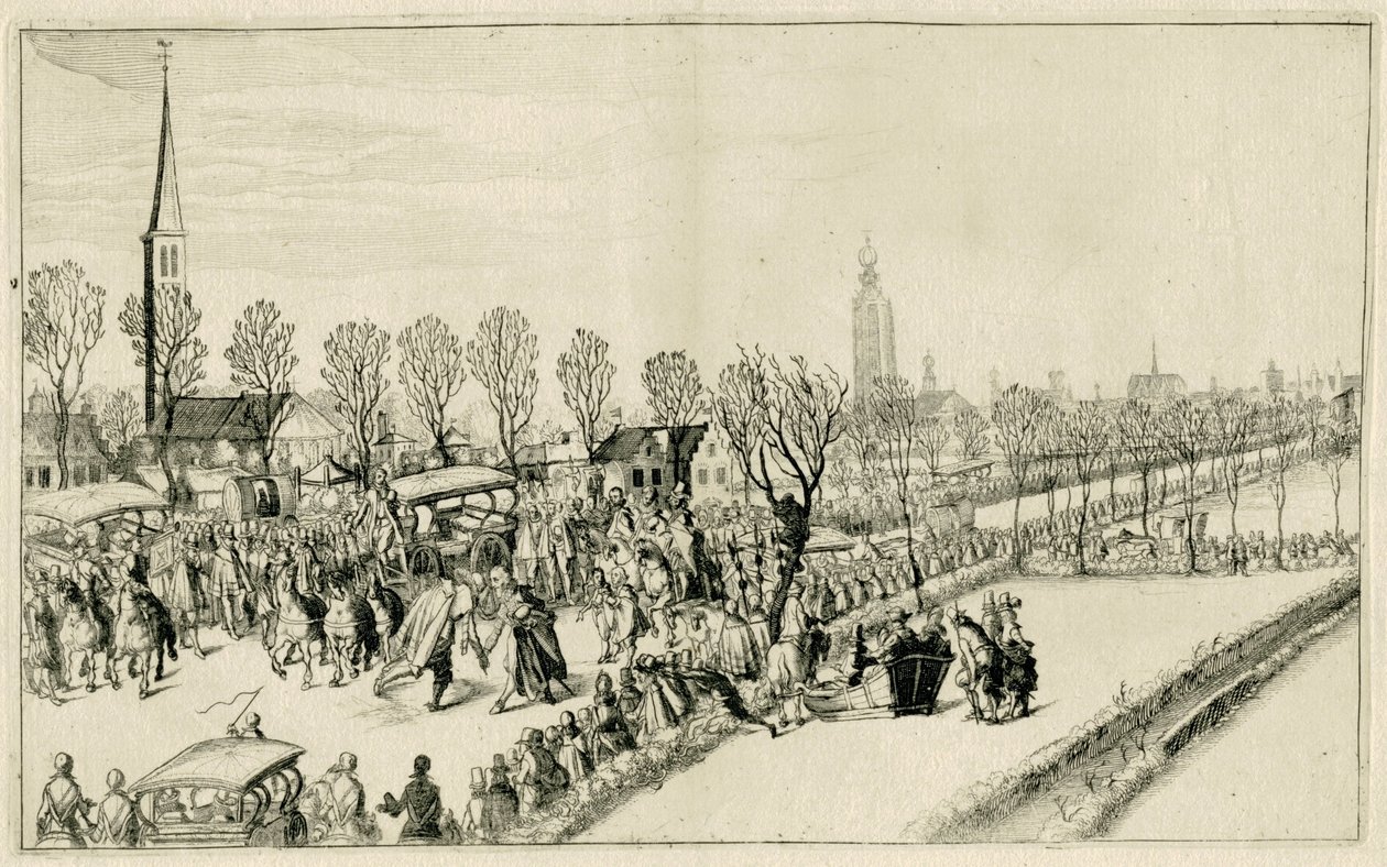 五位西班牙大使抵达莱斯韦克，1608 年 2 月
1608 和 1609 年战争场景（系列标题） 作者 西蒙·弗里修斯
