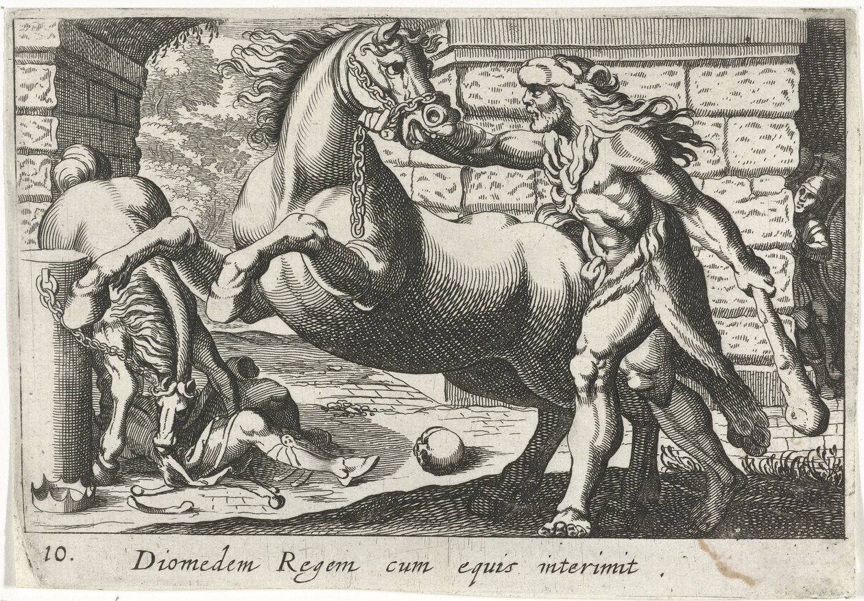 赫拉克勒斯驯服狄俄墨得斯的马匹
Diomedem Regem cum equis（物体上的标题）
大力士主题（系列标题） 作者 西蒙·弗里修斯