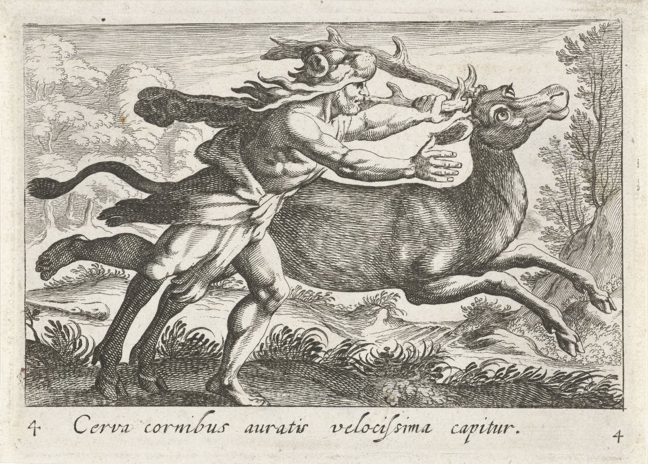 赫拉克勒斯捕获雌鹿 Cerynea
Cerva cornibus auratis velocissima capitur（物体上的标题）
大力士主题（系列标题） 作者 西蒙·弗里修斯