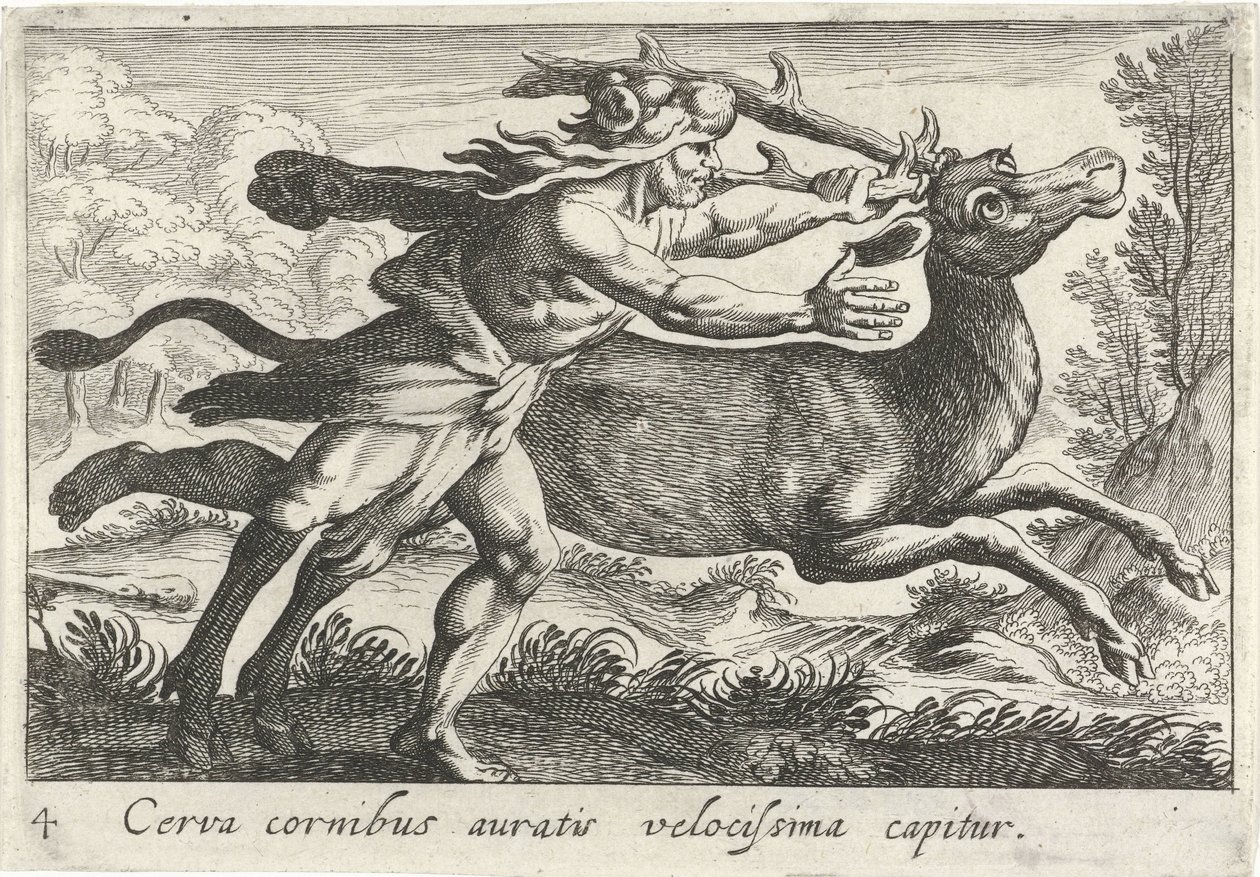 赫拉克勒斯捕获雌鹿 Cerynea
Cerva cornibus auratis velocissima capitur（物体上的标题）
大力士主题（系列标题） 作者 西蒙·弗里修斯