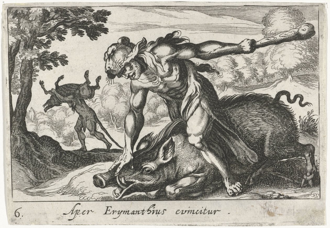 赫拉克勒斯捕获伊里曼修斯的野猪
Aper Erymanthius evincitur（物品上的标题）
大力士主题（系列标题） 作者 西蒙·弗里修斯