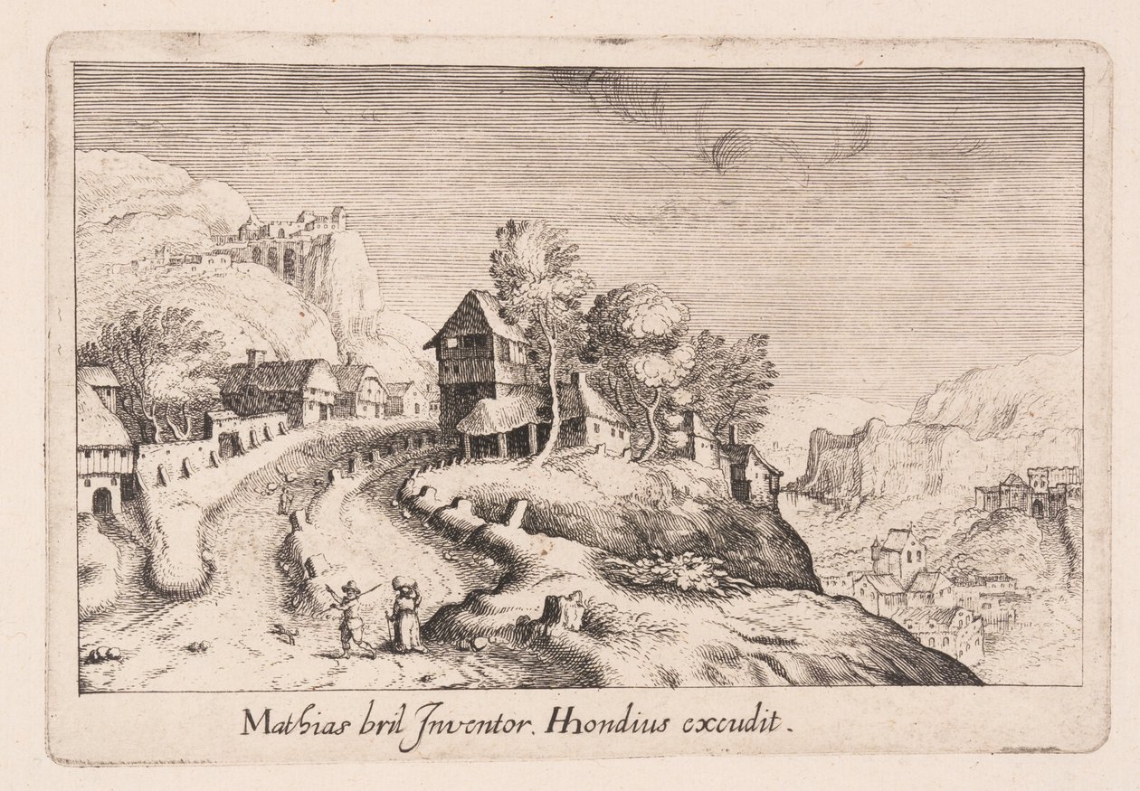 山间小路穿村而过的风景，选自《各地地形图》（Topographia Variarum Regionum 作者 西蒙·弗里修斯