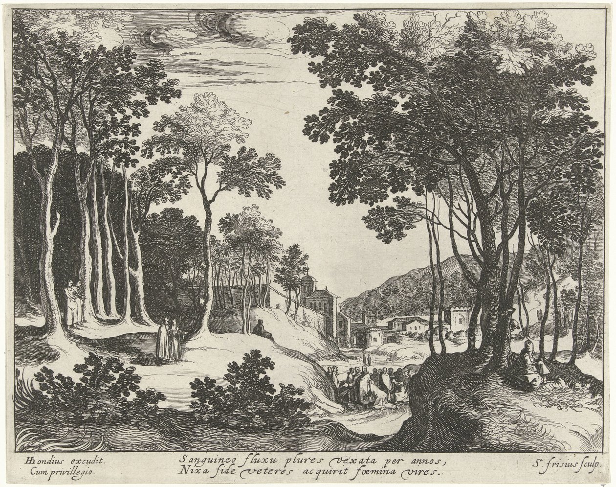 基督与治愈流血妇女的风景画
带有基督生平场景的风景画（系列名称） 作者 西蒙·弗里修斯