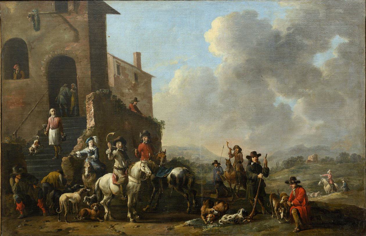 Preparing for the hunt par Douw, Simon Johannes van (ca 1630-after 1677) 作者 西蒙·约翰尼斯·范·道
