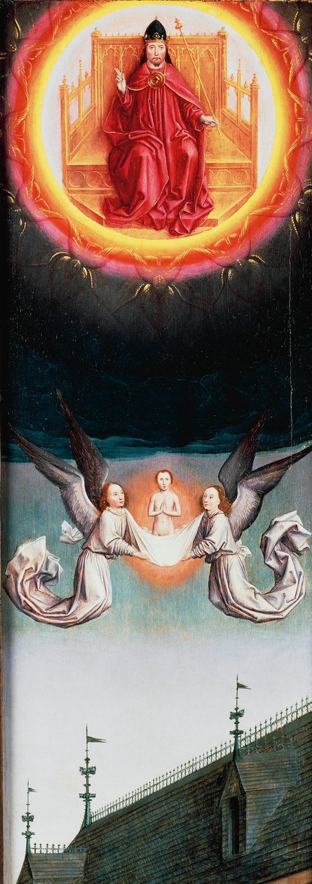 圣贝尔廷的灵魂升入天堂，圣贝尔廷祭坛画片段，约 1459 年，西蒙·马米恩（Simon Marmion，约 1425-1489 年）创作，面板油画，57.7x20.5 厘米 作者 西蒙·马里翁（Simon Marmion）