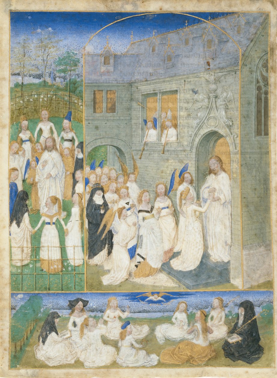 进入天堂之门时，由基督迎接的圣女贞德，约。 1467-70。 作者 西蒙·马里翁（Simon Marmion）
