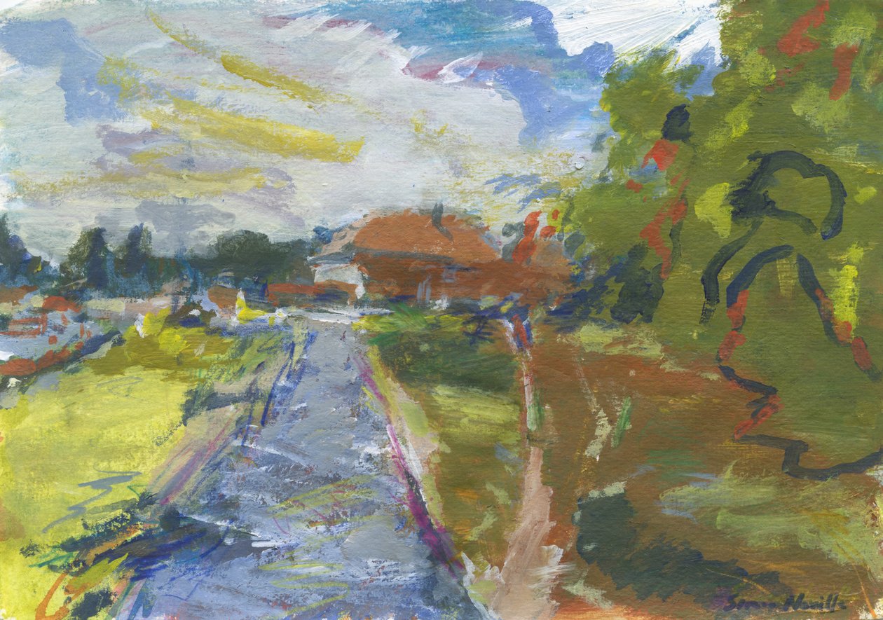 Pavenment  shortcut to houses, 2024（丙烯、水彩、水彩笔和油画棒，纸面） 作者 西蒙·内维尔