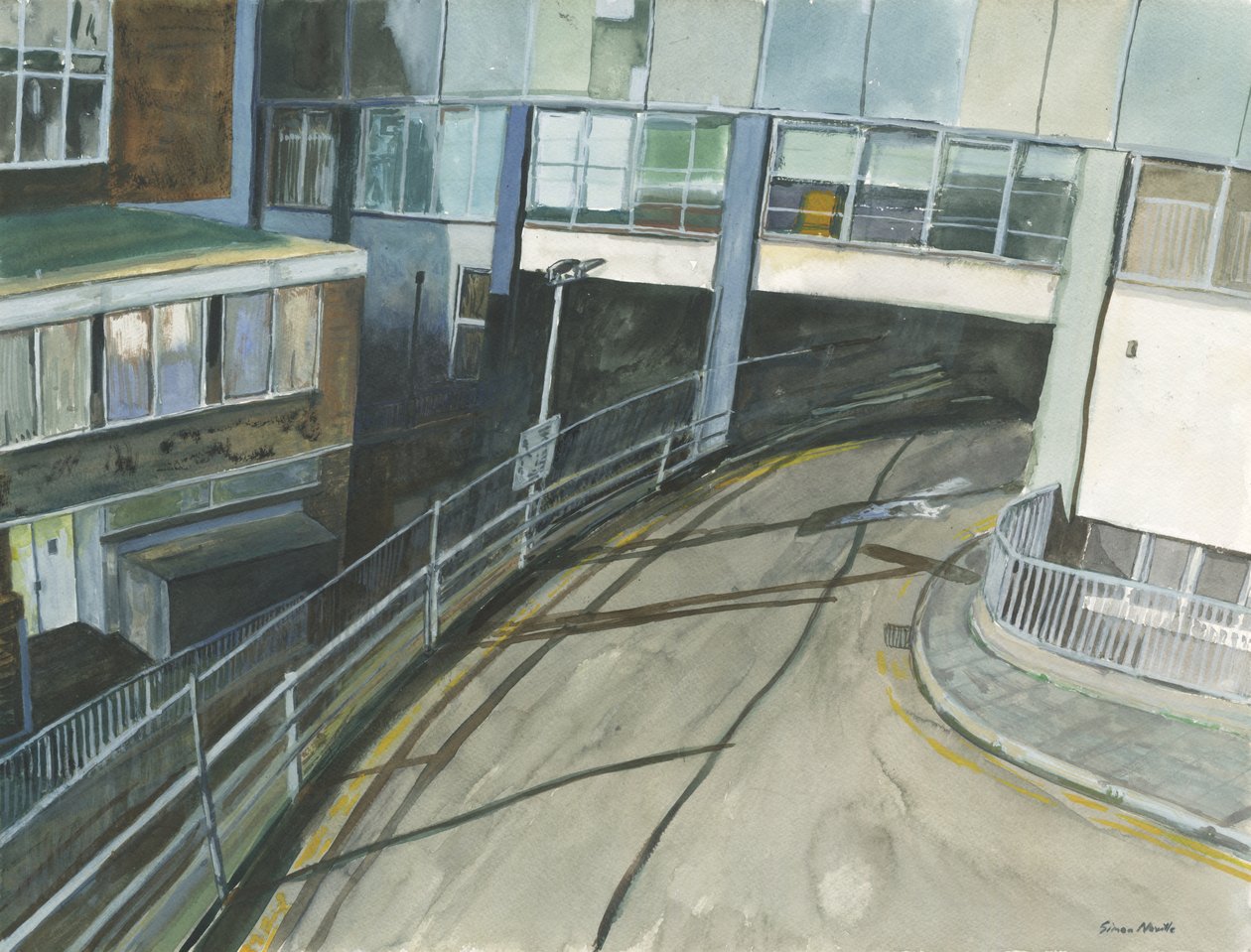 火车站出租车入口，2019 年（纸上水彩和水粉画） 作者 西蒙·内维尔