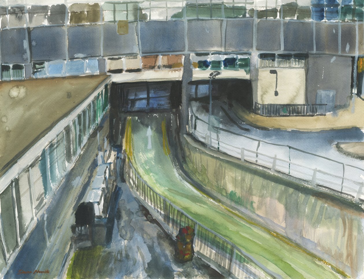 火车站出租车出站口，2019 年（纸本水彩和水粉画） 作者 西蒙·内维尔