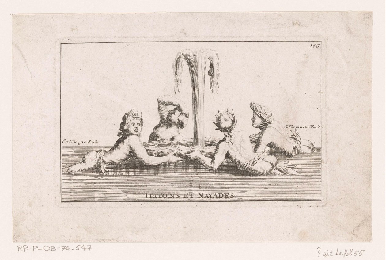 海神和纳亚人雕像
海卫一和纳亚德(物品上的标题）
Recueil des statues, groupes, fontaines, termes, vases, et autres magnifiques ornemens du chateau  parc de Versailles（系列标题） 作者 西蒙·托马斯（Simon Thomassin）