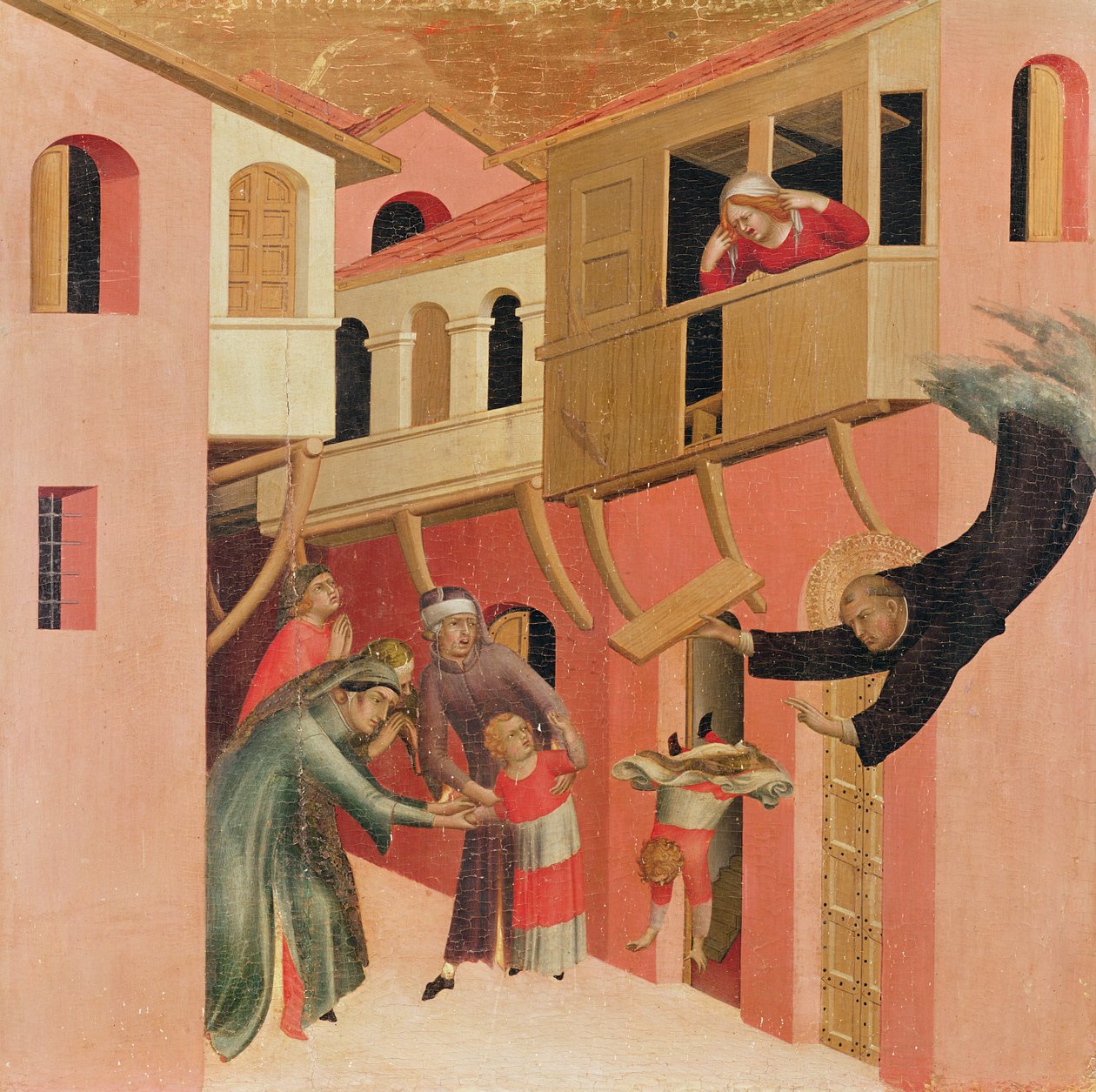 祝福Agostino Novello的Polyptych和他生活中的四个故事，Agostino Novello左手面板的细节，当它从阳台上掉下来时拯救了一个婴儿，c.1328（面板上的蛋彩画） 作者 西蒙娜·马提尼
