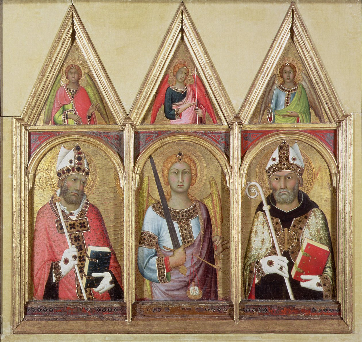 St. Geminianus，圣迈克尔和圣奥古斯丁，c.1319（面板上带金色的蛋彩画）（详情58834和58836） 作者 西蒙娜·马提尼