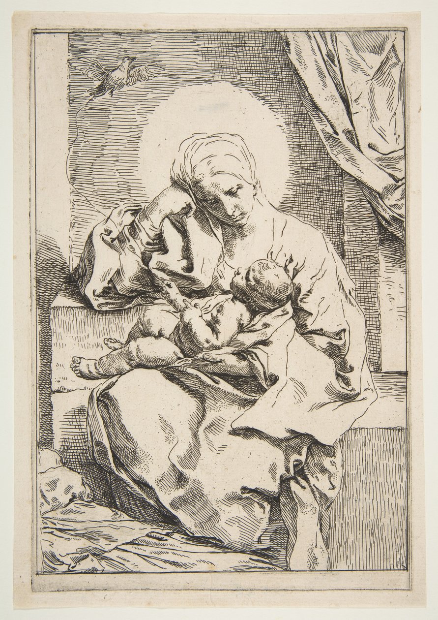 麦当娜和有鸟的孩子，ca。 1635-1636。 作者 西蒙妮·坎塔里尼