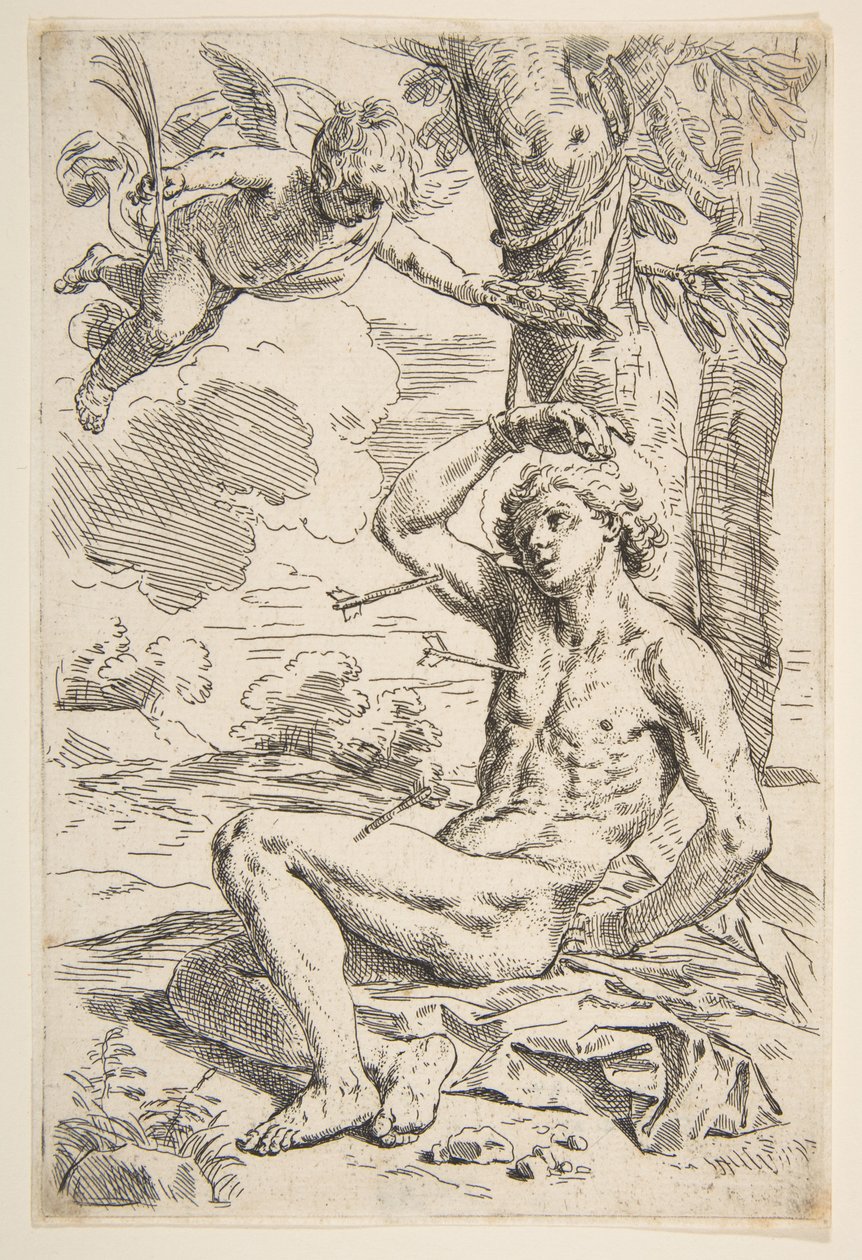 圣塞瓦斯蒂安（Saint Sebastian）扎着箭，绑在一棵树上。 1639。 作者 西蒙妮·坎塔里尼
