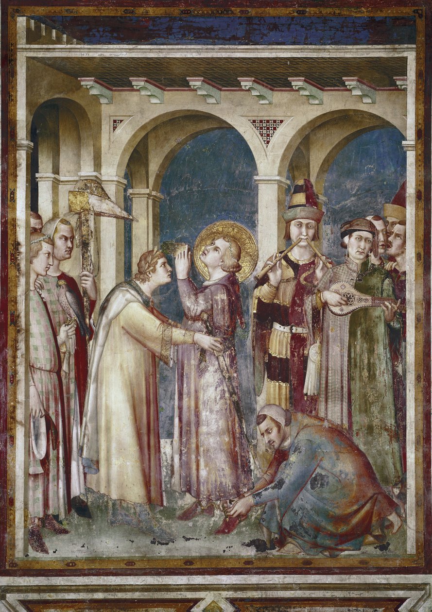 圣马丁生活的壁画。 圣马丁是骑士，细节。 Eveque Saint Martin de Tours 和音乐家。 西蒙娜·马蒂尼 (1280-1344) 的绘画。 壁画 作者 西蒙娜·马提尼