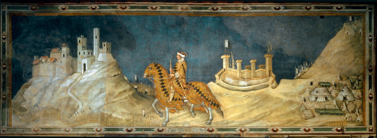 圭多里乔达福利亚诺。 Guido Riccio da Fogliano（死于 1352 年），锡耶纳军队的指挥官（condottiero），在 1328 年攻占 Maremma (Maremma) 的 Montemassi 城堡期间。 Simone Martini (1280-1344) 的绘画 作者 西蒙娜·马提尼