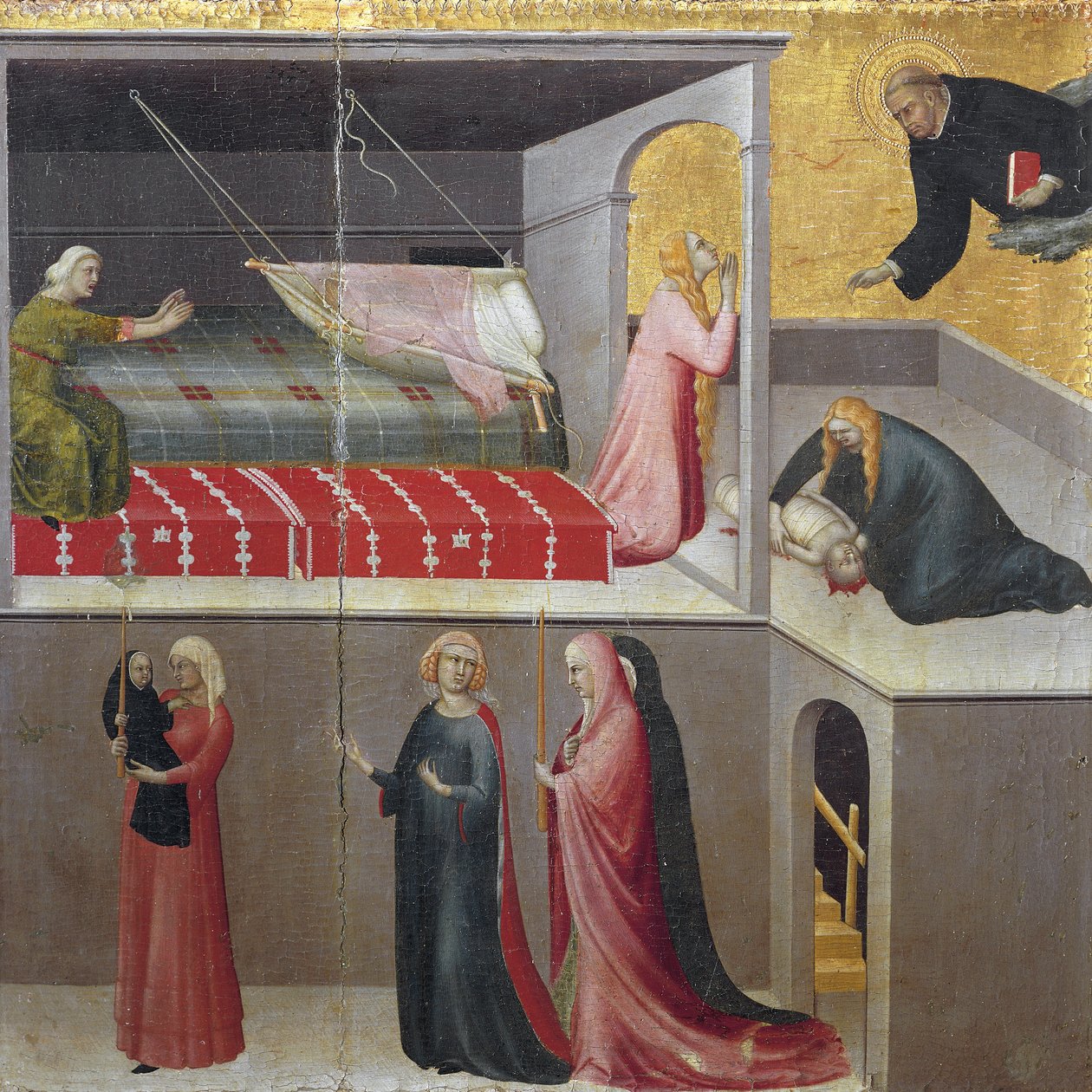 Chozizwitsa cha mwana chagwa pachiberekero chake: azimayi atatuwo akuyankhula pansi pamalopo. Gawo la Mbiri ya Hermit ya St. Augustine (Tempera pamtengo 作者 西蒙娜·马提尼