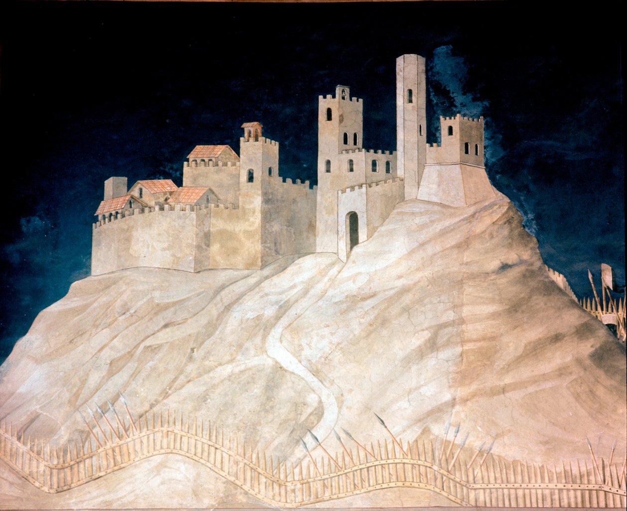 1328年马雷马（Maremma）的蒙特马西城堡景观。西蒙娜-马尔蒂尼（约1284-1344）的壁画 作者 西蒙娜·马提尼