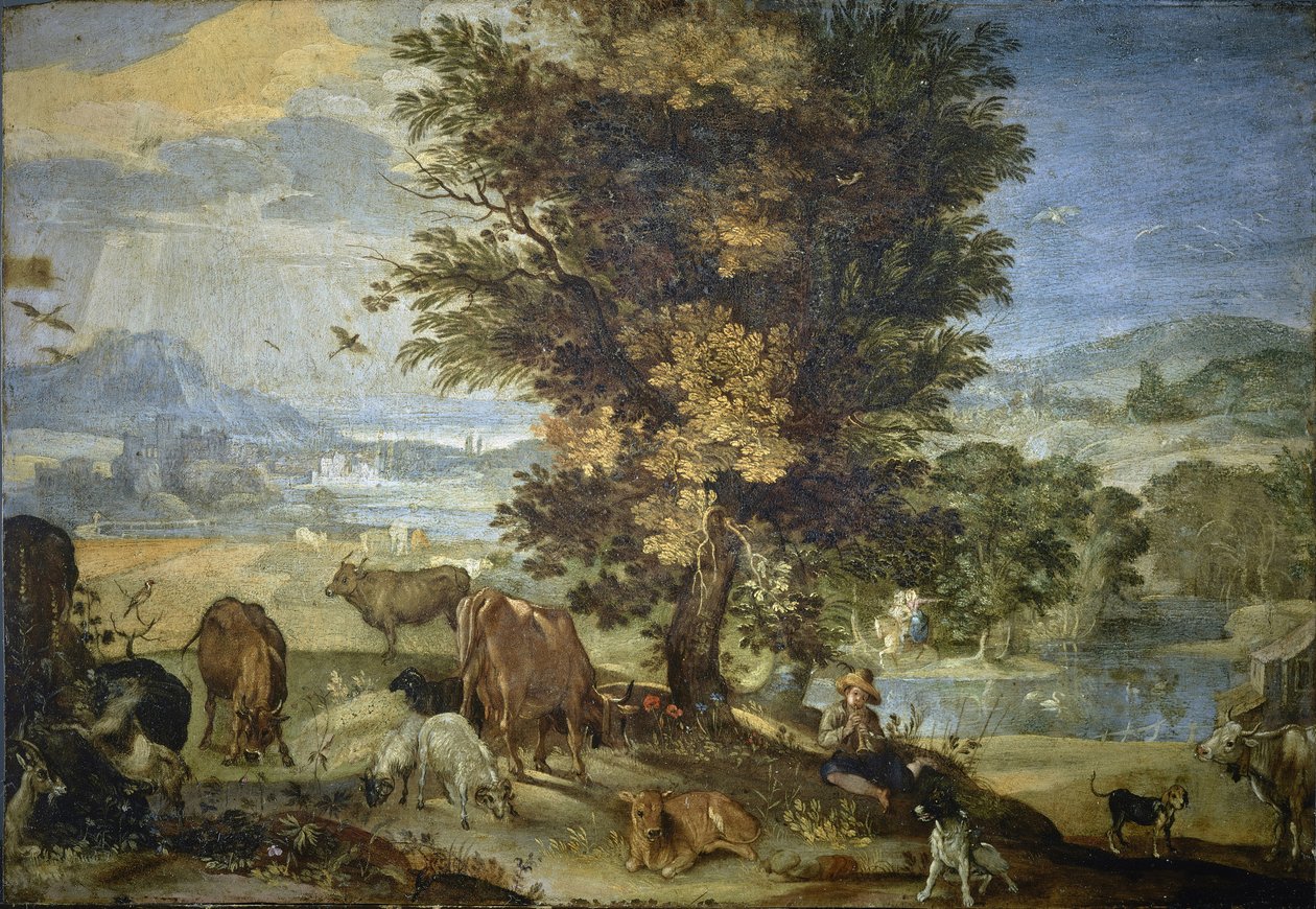 有牧羊人和动物的风景（铜板油画） 作者 锡尼巴尔多·斯科尔扎（Sinibaldo Scorza）