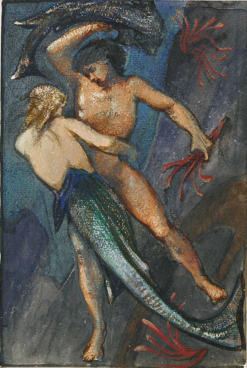 美人鱼和男人，来自四十八张画的专辑，约1853-1898年 作者 爱德华·科利·伯恩·琼斯爵士