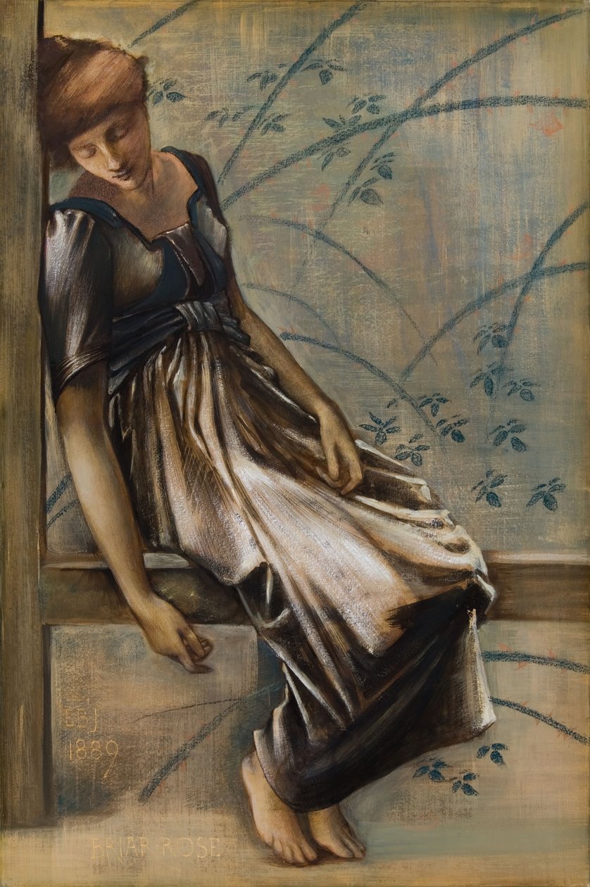 荆棘玫瑰系列--《花园法庭》的研究，1889年。 作者 爱德华·科利·伯恩·琼斯爵士