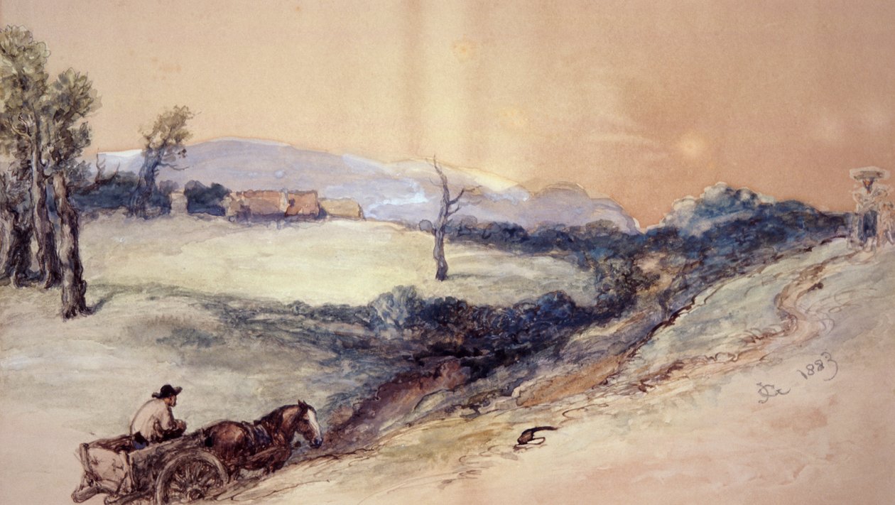有马和车的风景》，1883年。   作者 约翰·吉尔伯特爵士