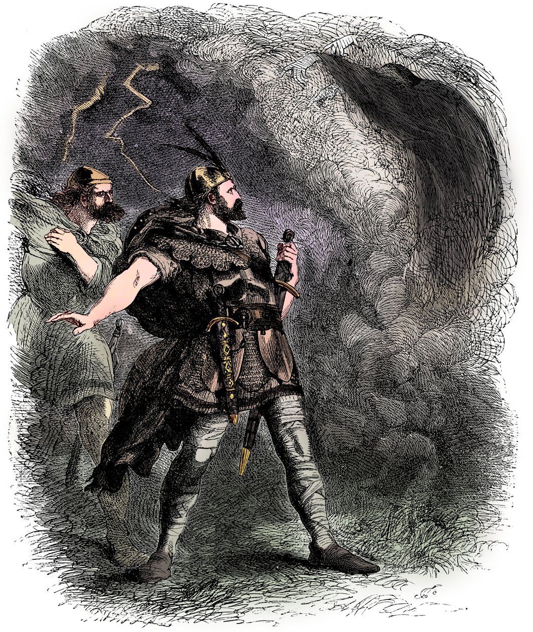 麦克白（Macbeth）和班古（Banquo）遇到三个女巫，1858年 作者 约翰·吉尔伯特爵士