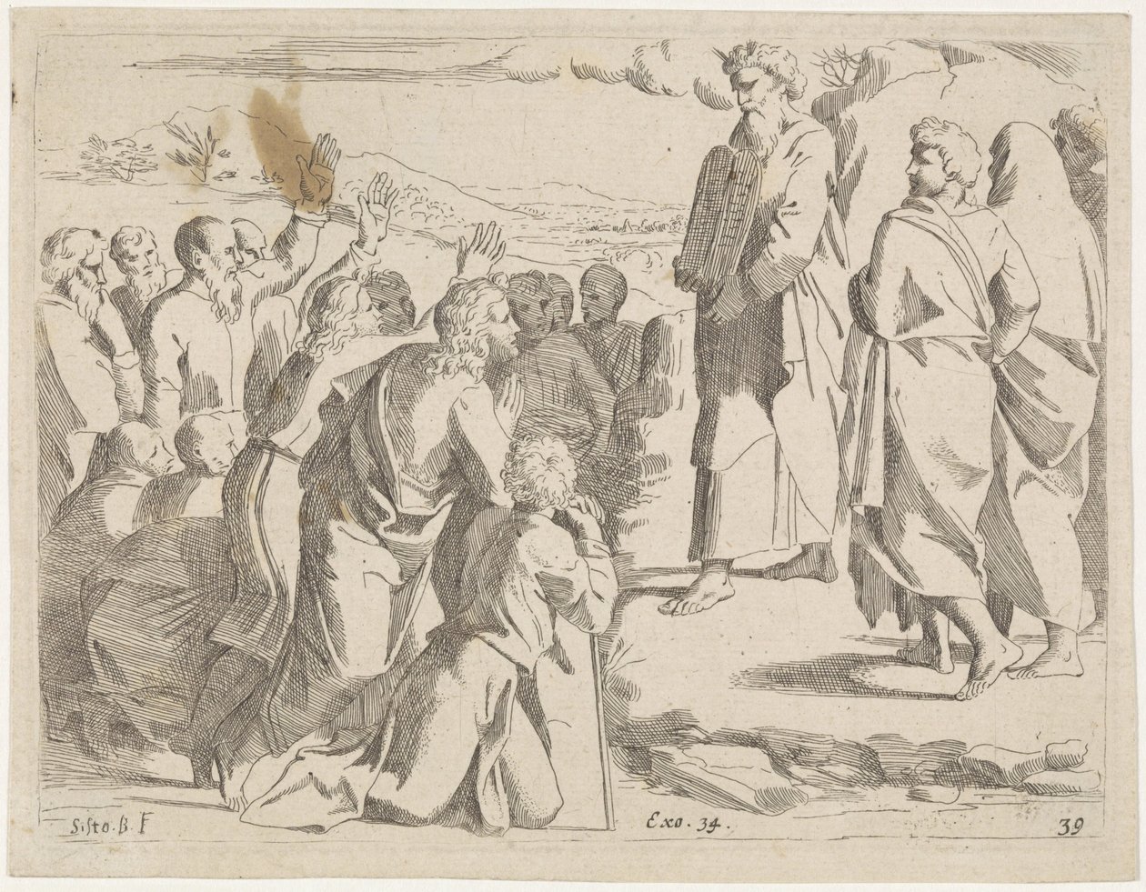摩西向人们展示律法石板
圣经》场景（系列名称）
Historia del Testamento Vecchio / Dipinta in Roma nel Vaticano da Raffaelle di Urbino (...) （丛书名称） 作者 西斯托·巴达洛基奥