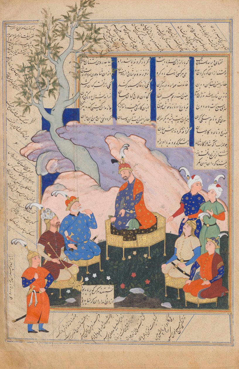 Luhrasp听取了消失的Kai Khusrau的返回的圣骑士的意见，Folio...，1576-77。 作者 西亚武什