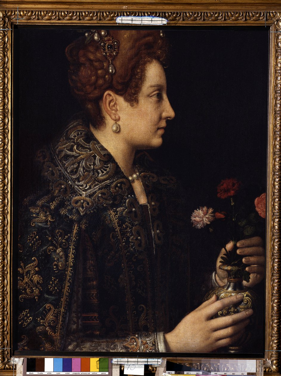 索福尼斯巴-安吉索拉（Sofonisba Anguissola，约 1532-1625 年）的绘画作品 "Portrait de femme de profil"（女性肖像） 尺寸：68.5x52.5 厘米 圣彼得堡艾尔米塔什博物馆 作者 Sofonisba Anguissola