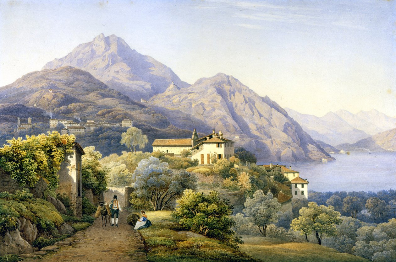科莫。 梅纳焦。 洛夫诺和格罗玛山。 1840. S. Corrodi 作画。 梅纳焦，科莫。 . 作者 所罗门·科罗迪