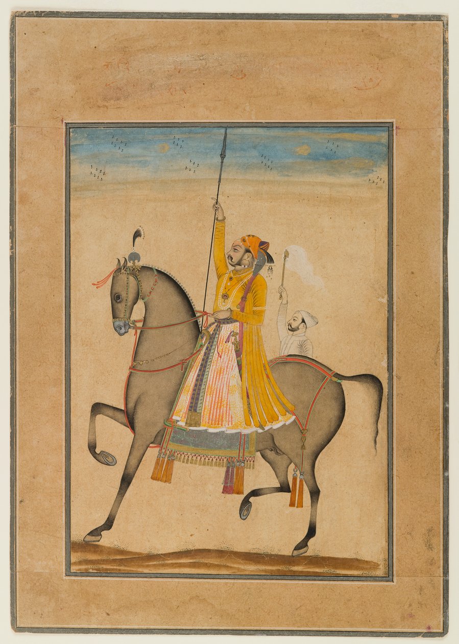 比亚纳的Maharaja Sujan Singh的骑马肖像，1747年（不透明的wc，银和金在纸上） 作者 穆罕默德·阿特尔（Muhammad attr）的儿子。前往卡萨姆