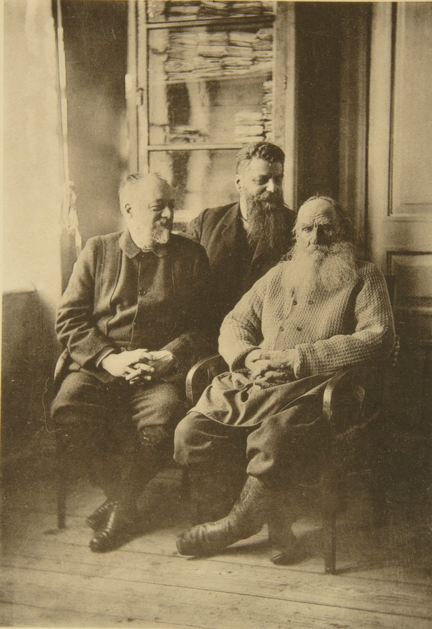 俄罗斯作家列夫·托尔斯泰（Leo Tolstoy）与政治家Mikhail Stakhovich和Mikhail Sukhotin，俄罗斯，1900年代 作者 索菲亚·安德列夫纳（Sophia Andreevna Tolstaya）