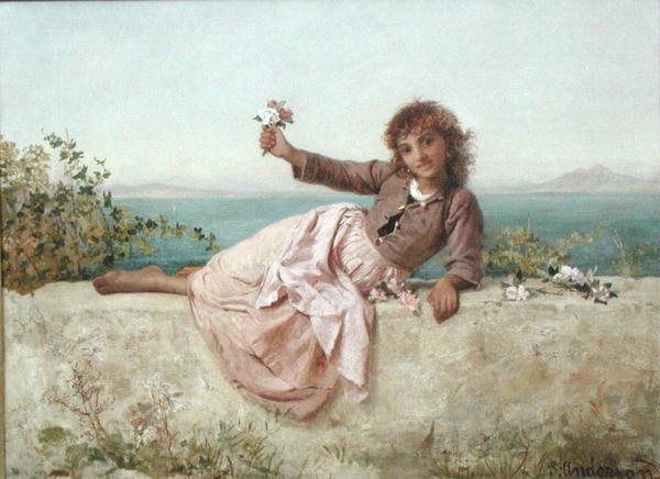 意大利卡普里岛的卖花人，约1875年（布面油画） 作者 索菲·安德森（Sophie Anderson）