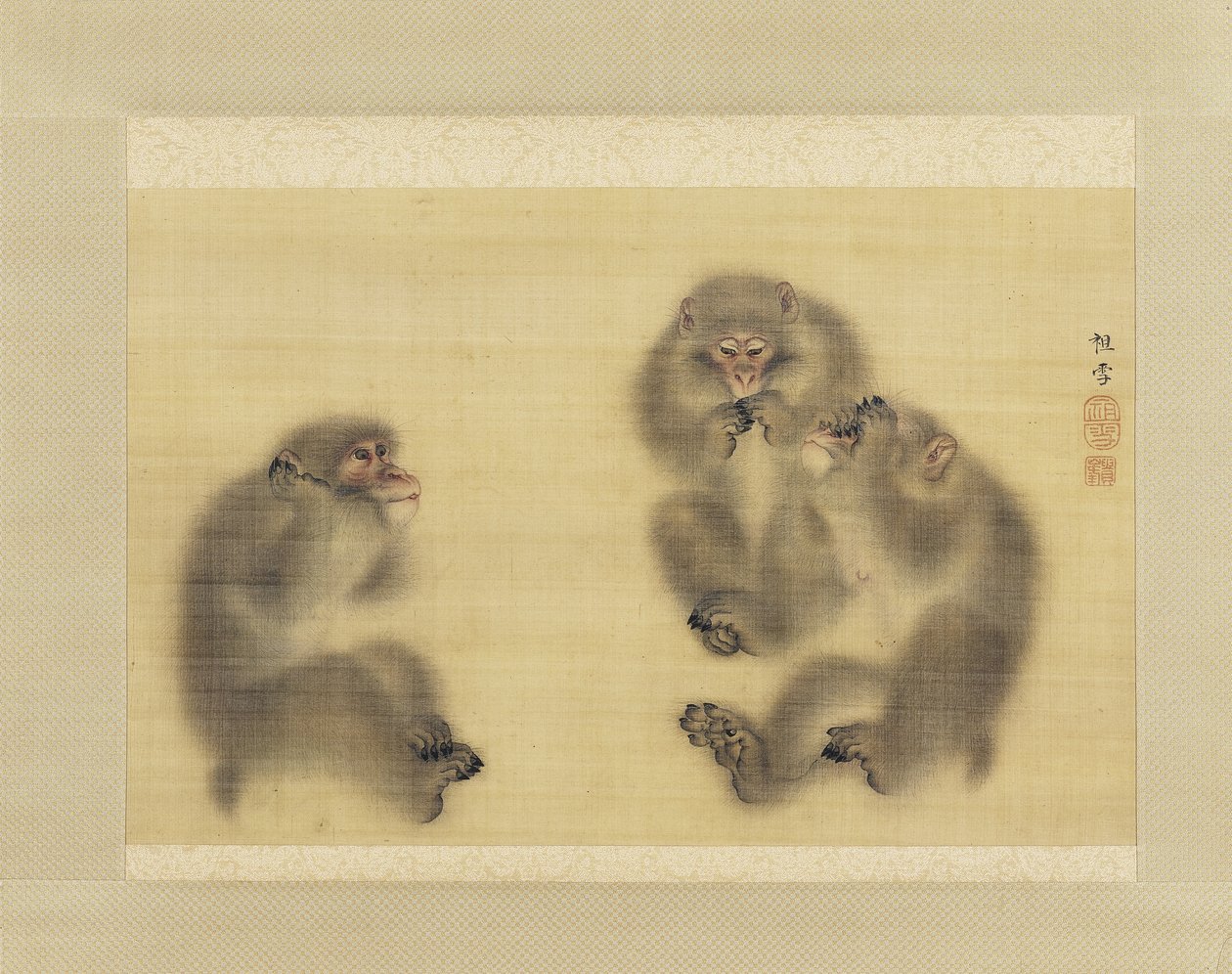 猴子：不听邪恶，不看邪恶，不说邪恶，c.1820（丝绸上的墨水和颜色） 作者 森创雪
